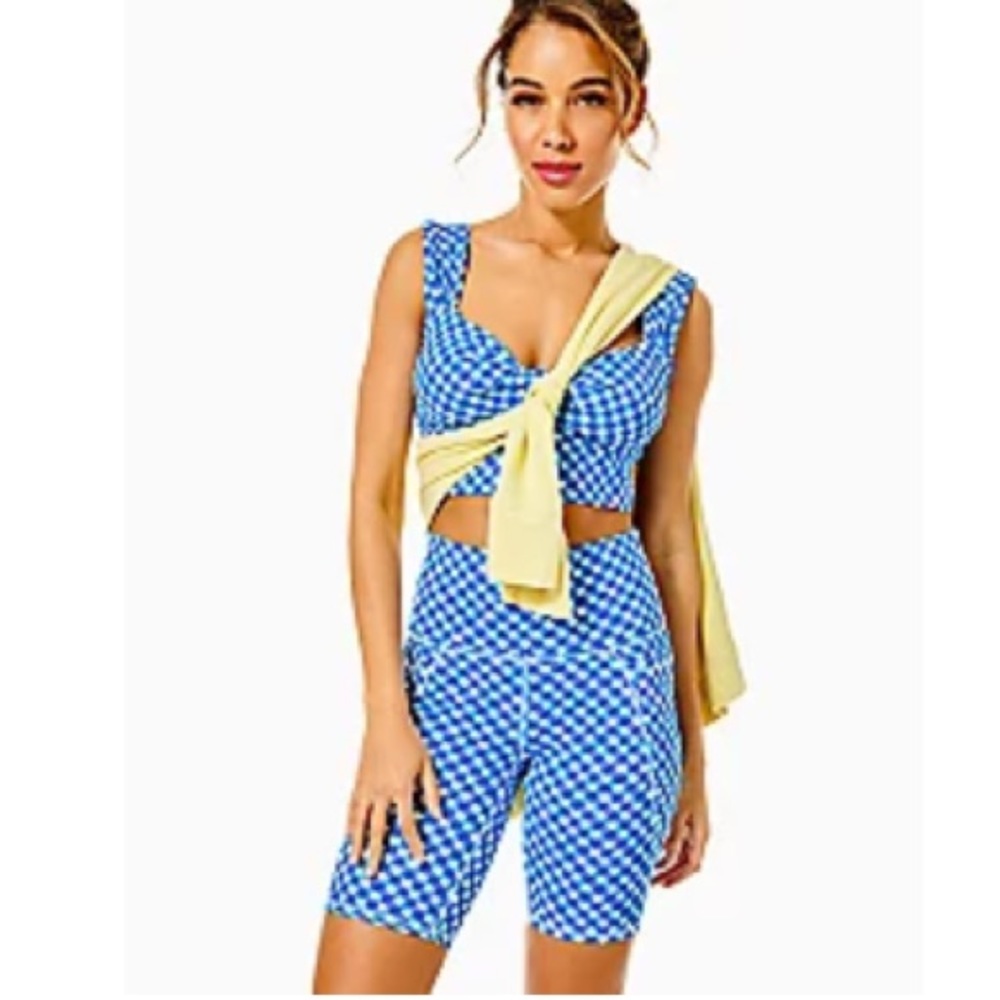 Lilly Pulitzer UPF 50 Calusa Sports Bra, Boca Blue Double Checking, small, NWT